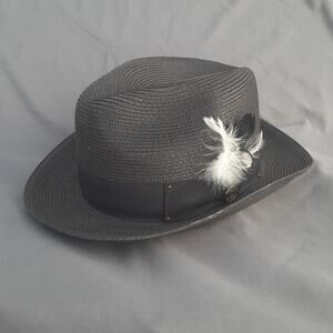 Men's Bruno Capelo Hollywood Straw Style Fedora Hat Black White Feather